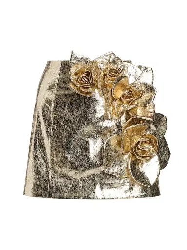 Aknvas Women's Aksel Rose-Embellished Metallic A-Line Miniskirt - Gold Hammered Leather | Thumbnail 1