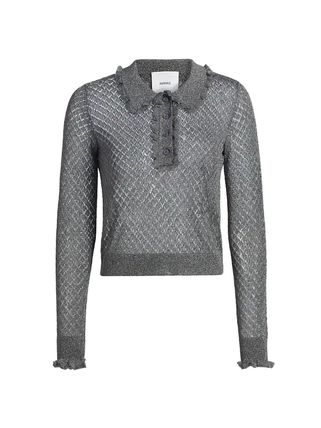 AKNVAS Women's Klara Ruffle Pointelle-Knit Polo Shirt - Gunmetal