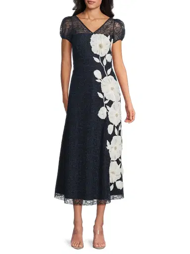 Kay Unger Women's Layla Floral Embroidered Tea-Length Dress - Deep Navy | Thumbnail 2
