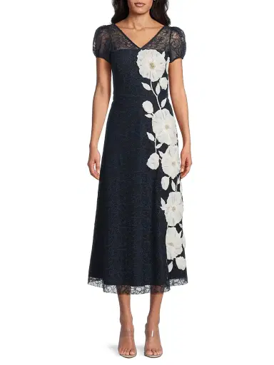 Kay Unger Women's Layla Floral Embroidered Tea-Length Dress - Deep Navy | Thumbnail 3