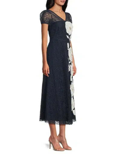 Kay Unger Women's Layla Floral Embroidered Tea-Length Dress - Deep Navy | Thumbnail 4