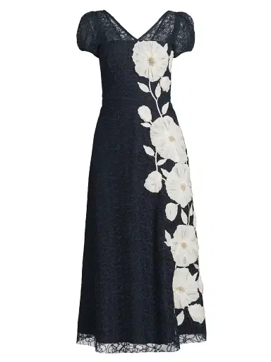 Kay Unger Women's Layla Floral Embroidered Tea-Length Dress - Deep Navy | Thumbnail 1