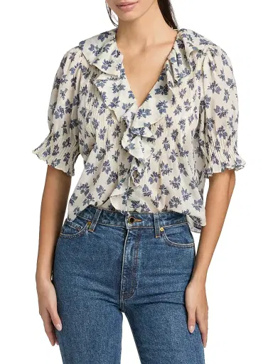 DÔEN Women's Henri Floral Cotton V-Neck Blouse - Creme Pomegranate Bloom - Size Medium | Thumbnail 3 DÔEN Women's Henri Floral Cotton V-Neck Blouse - Creme Pomegranate Bloom - Size Medium | Thumbnail 3