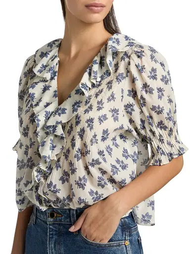 DÔEN Women's Henri Floral Cotton V-Neck Blouse - Creme Pomegranate Bloom - Size Medium | Thumbnail 6 DÔEN Women's Henri Floral Cotton V-Neck Blouse - Creme Pomegranate Bloom - Size Medium | Thumbnail 6