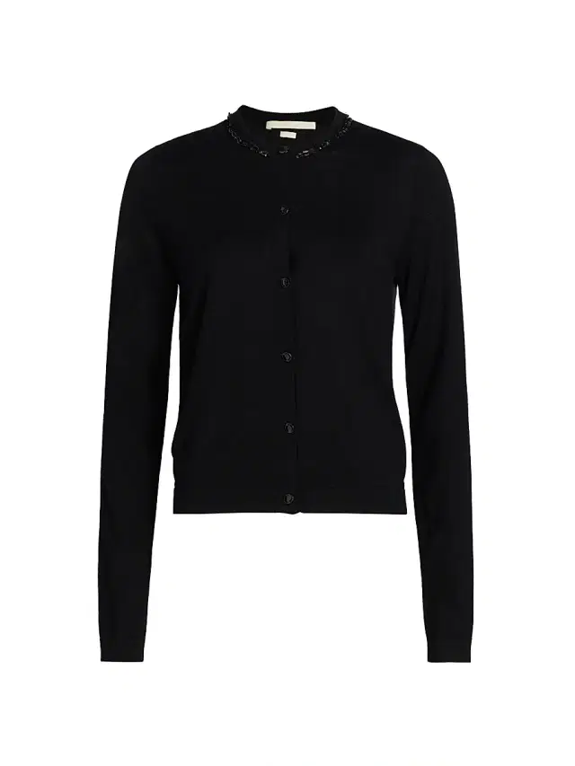 Women's Beaded Merino Wool Cardigan - Black