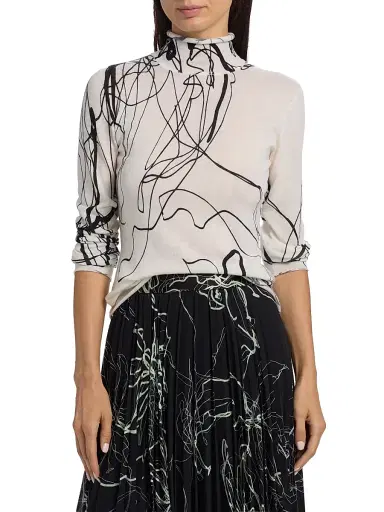 Jason Wu Collection Women's Scribble Floral Wool Turtleneck Sweater - White Black Multi | Thumbnail 3 Jason Wu Collection Women's Scribble Floral Wool Turtleneck Sweater - White Black Multi | Thumbnail 3