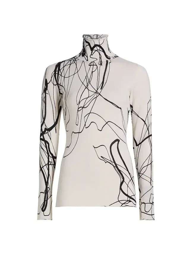 Women's Scribble Floral Wool Turtleneck Sweater - White Black Multi
