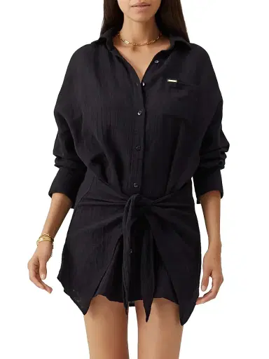Melissa Odabash Women's Sara Cotton Tie-Waist Mini-Shirtdress - Black | Thumbnail 3