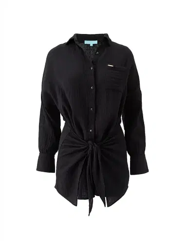 Melissa Odabash Women's Sara Cotton Tie-Waist Mini-Shirtdress - Black | Thumbnail 1