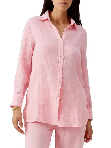 Melissa Odabash Women's Leona Crinkled Cotton Button-Down Shirt - Rose | Thumbnail 3
