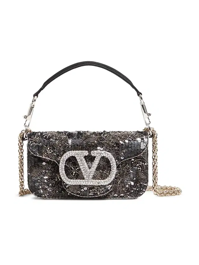 Women's Locò  Embroidered Top Handle Bag with Jewel Logo - Black Silver