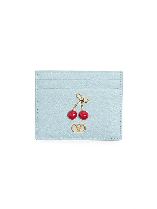 Women's Cherryfic Card Holder in Grainy Calfskin - Porcelain Blue
