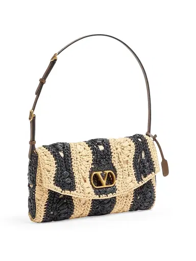 Valentino Garavani Women's DeVain Shoulder Bag in Raffia with Wave Pattern - Natural Black | Thumbnail 2