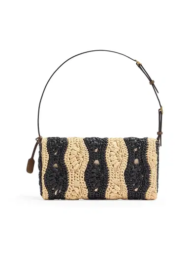 Valentino Garavani Women's DeVain Shoulder Bag in Raffia with Wave Pattern - Natural Black | Thumbnail 4
