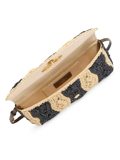 Valentino Garavani Women's DeVain Shoulder Bag in Raffia with Wave Pattern - Natural Black | Thumbnail 5