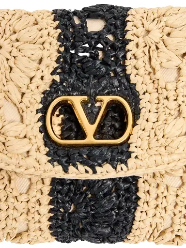 Valentino Garavani Women's DeVain Shoulder Bag in Raffia with Wave Pattern - Natural Black | Thumbnail 6