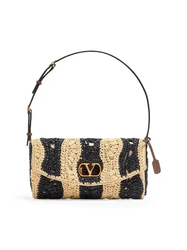 Valentino Garavani Women's DeVain Shoulder Bag in Raffia with Wave Pattern - Natural Black | Thumbnail 1