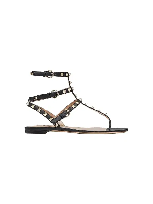 Women's Rockstud Calfskin Flat Flip-Flop Sandals - Black