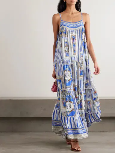 Camilla Tie-detailed Lace-trimmed Tiered Printed Silk-satin Maxi Dress | Thumbnail 2 Camilla Tie-detailed Lace-trimmed Tiered Printed Silk-satin Maxi Dress | Thumbnail 2