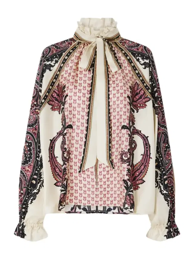 Pussy-bow Ruffled Printed Silk-twill Blouse