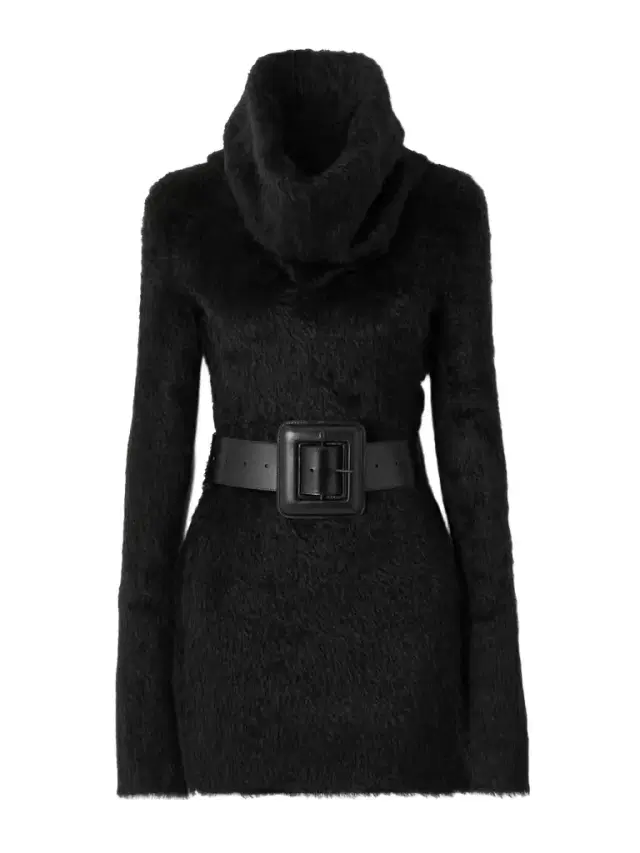 Belted Brushed-knit Turtleneck Mini Dress