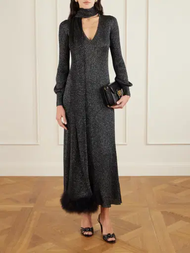 Valentino Garavani Scarf-detailed Feather-trimmed Metallic Ribbed-knit Midi Dress | Thumbnail 2 Valentino Garavani Scarf-detailed Feather-trimmed Metallic Ribbed-knit Midi Dress | Thumbnail 2