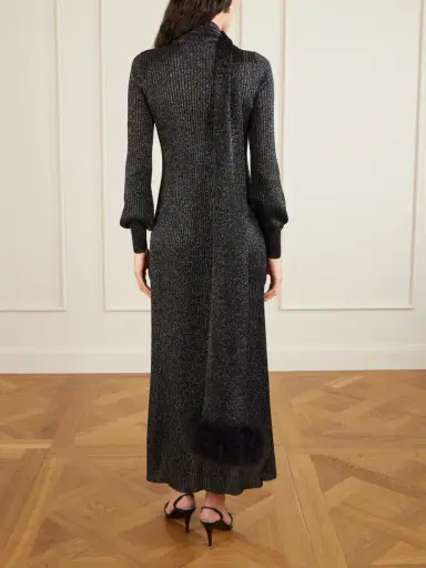 Valentino Garavani Scarf-detailed Feather-trimmed Metallic Ribbed-knit Midi Dress | Thumbnail 4 Valentino Garavani Scarf-detailed Feather-trimmed Metallic Ribbed-knit Midi Dress | Thumbnail 4