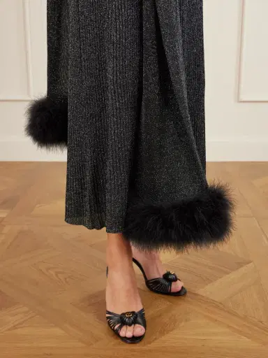 Valentino Garavani Scarf-detailed Feather-trimmed Metallic Ribbed-knit Midi Dress | Thumbnail 5 Valentino Garavani Scarf-detailed Feather-trimmed Metallic Ribbed-knit Midi Dress | Thumbnail 5