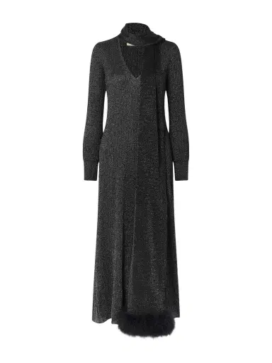 Valentino Garavani Scarf-detailed Feather-trimmed Metallic Ribbed-knit Midi Dress | Thumbnail 1 Valentino Garavani Scarf-detailed Feather-trimmed Metallic Ribbed-knit Midi Dress | Thumbnail 1