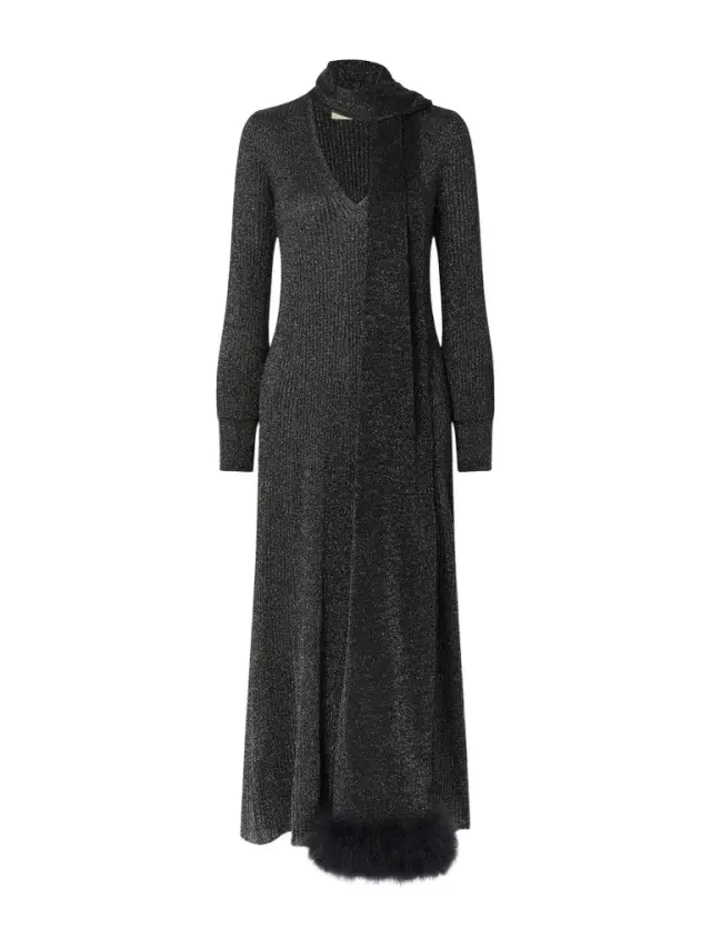 Scarf-detailed Feather-trimmed Metallic Ribbed-knit Midi Dress