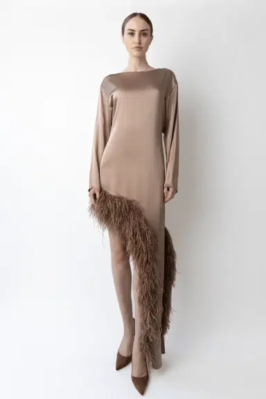 LAPOINTE Satin Asymmetrical Dress With Feathers | Thumbnail 2 LAPOINTE Satin Asymmetrical Dress With Feathers | Thumbnail 2