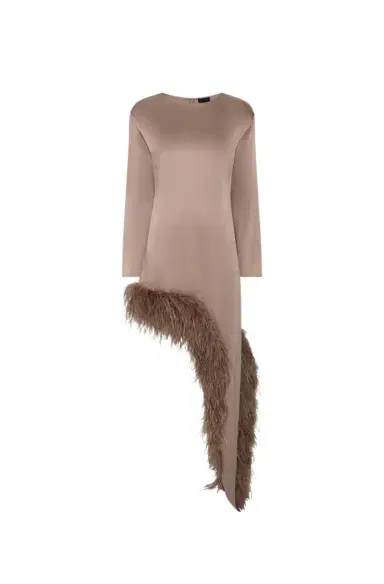 LAPOINTE Satin Asymmetrical Dress With Feathers | Thumbnail 1 LAPOINTE Satin Asymmetrical Dress With Feathers | Thumbnail 1