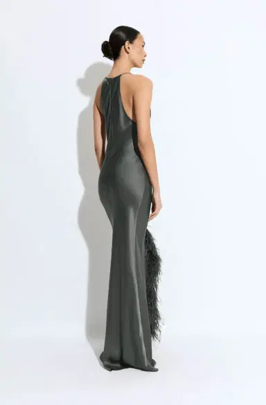 LAPOINTE Satin Halter Gown With Feathers | Thumbnail 2 LAPOINTE Satin Halter Gown With Feathers | Thumbnail 2