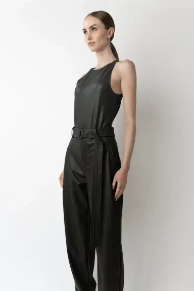 LAPOINTE Stretch Faux Leather Belted Tapered Trouser | Thumbnail 3 LAPOINTE Stretch Faux Leather Belted Tapered Trouser | Thumbnail 3