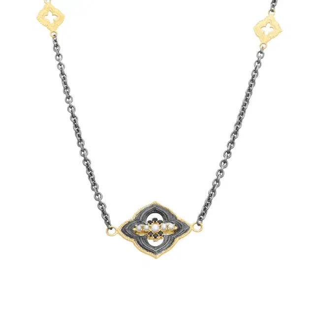 Armenta Armenta 18K Yellow Gold & Blackened Sterling Silver White Pearl & Black Sapphire Station Necklace by The Solist