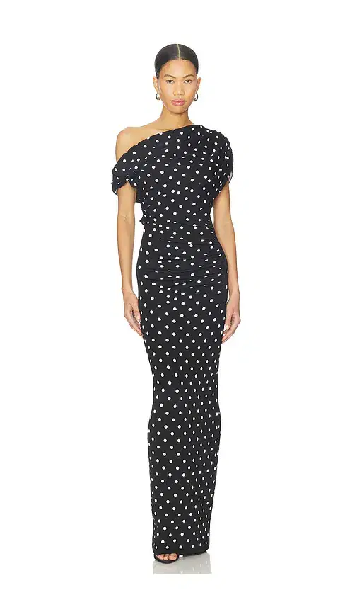 Polka Dot Draped Knit Midi Dress