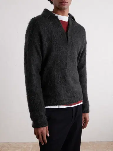 Auralee Brushed Mohair and Wool-Blend Polo Sweater - Men | Thumbnail 3