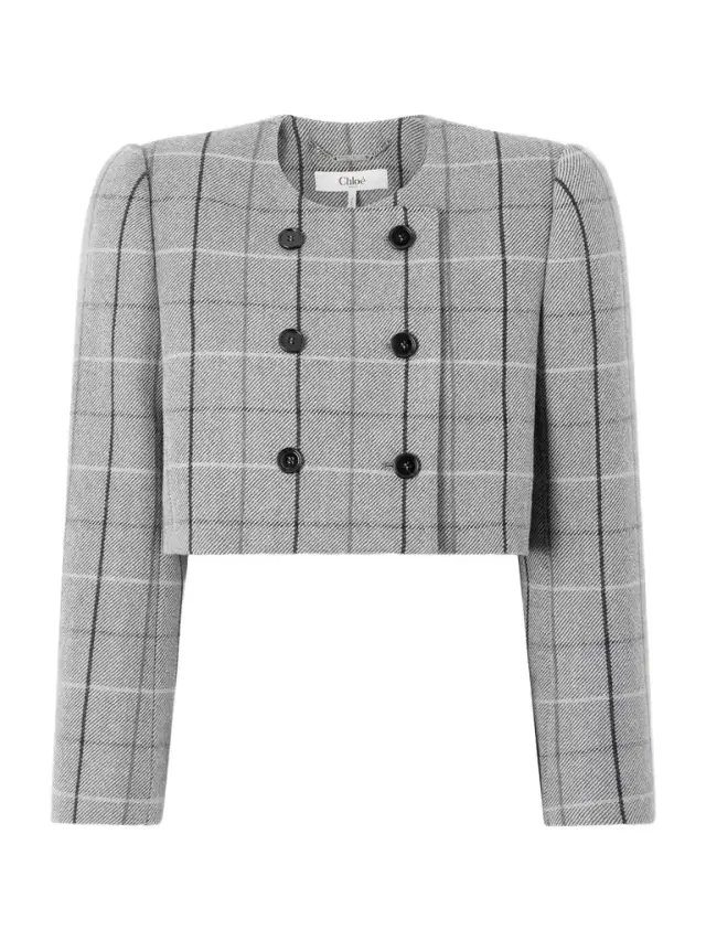 Cropped Double-breasted Checked Wool Jacket