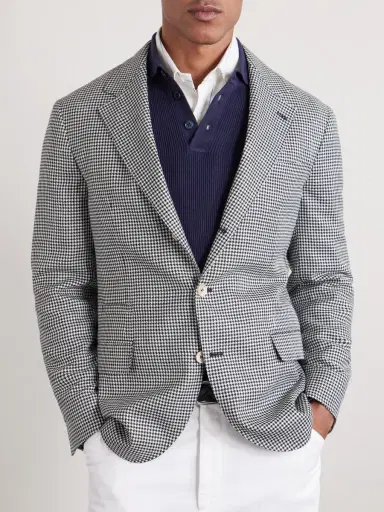 Brunello Cucinelli Houndstooth Wool, Linen and Silk-Blend Blazer - Men | Thumbnail 3 Brunello Cucinelli Houndstooth Wool, Linen and Silk-Blend Blazer - Men | Thumbnail 3