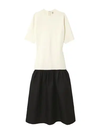 TOTEME Twinflower Gathered Ribbed-knit And Wool And Silk-blend Crepe Midi Dress | Thumbnail 1 TOTEME Twinflower Gathered Ribbed-knit And Wool And Silk-blend Crepe Midi Dress | Thumbnail 1