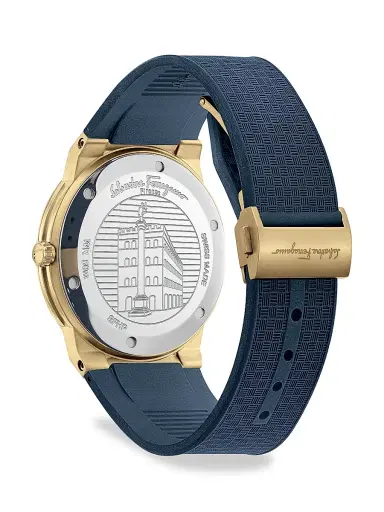 FERRAGAMO Men's  Sapphire Yellow Gold IP Double Gancini Rubber Strap Watch - Gold | Thumbnail 4