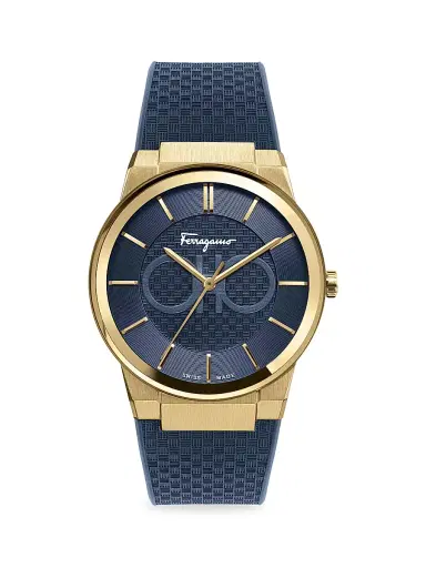FERRAGAMO Men's  Sapphire Yellow Gold IP Double Gancini Rubber Strap Watch - Gold | Thumbnail 1