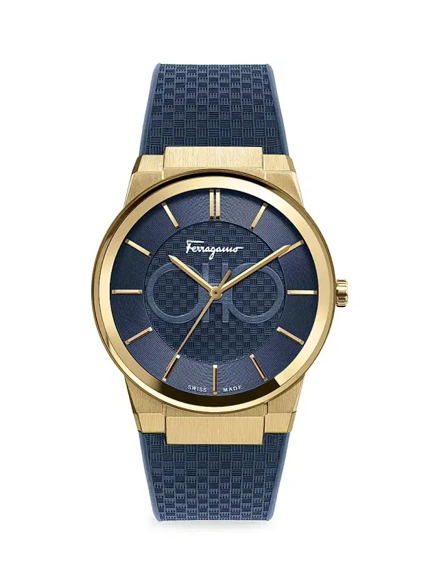 Men's  Sapphire Yellow Gold IP Double Gancini Rubber Strap Watch - Gold