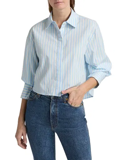 Simkhai Women's Renata Striped Cotton Crop Shirt - Hydrangea Blue Stripe | Thumbnail 3 Simkhai Women's Renata Striped Cotton Crop Shirt - Hydrangea Blue Stripe | Thumbnail 3