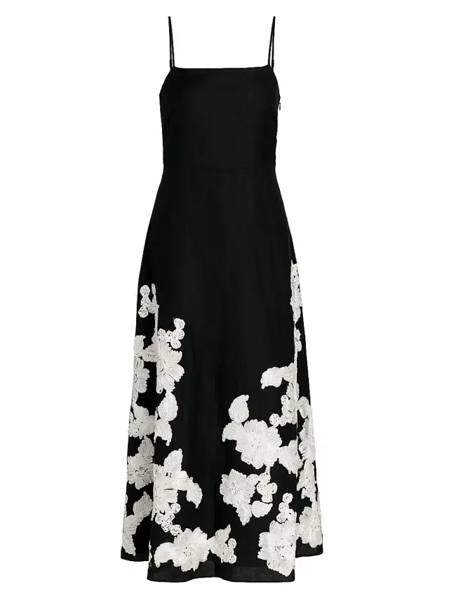 Women's Annabella Floral Embroidered Linen-Blend Midi-Dress - Black Multi