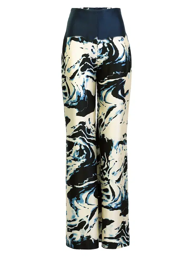 Women's Como Marbleized Silk Wide-Leg Pants - Deep Sea Abstract