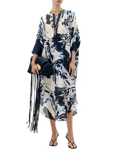 Silvia Tcherassi Women's Elea Marbleized Silk Tunic - Deep Sea Abstract | Thumbnail 2