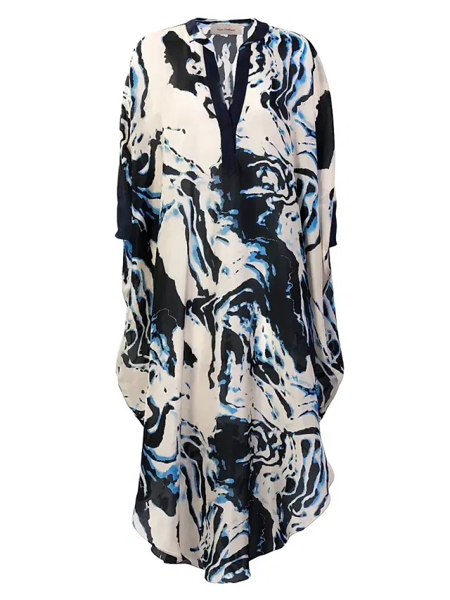 Women's Elea Marbleized Silk Tunic - Deep Sea Abstract