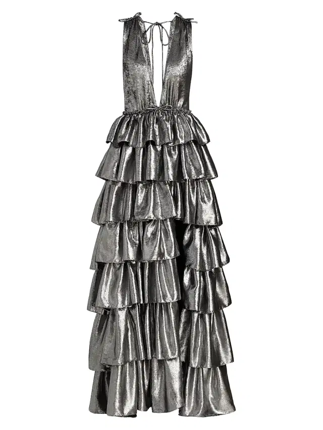 AKNVAS Women's Henriette Metallic Ruffled Tiered Sleeveless Gown - Gunmetal