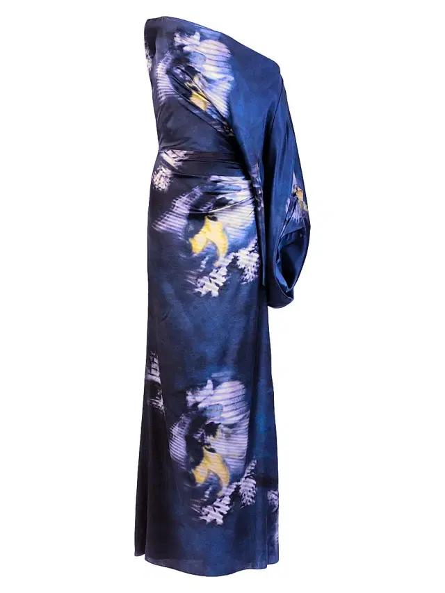 Women's Dotty One-Shoulder Stretch-Silk Maxi Dress - Midnight Flower